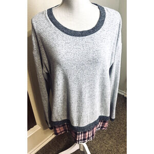 Jones New York Gray Shirt Top Knit Layered plaid trim travel comfort sz XL
